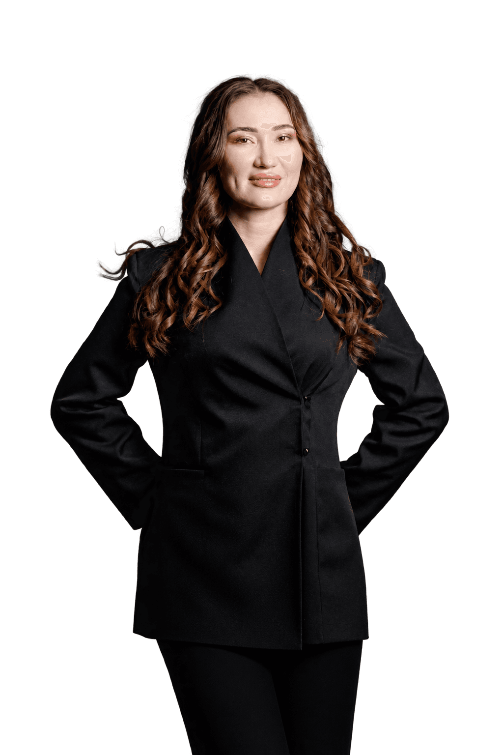Banu Gaidar in a black tailored jacket, studio portrait